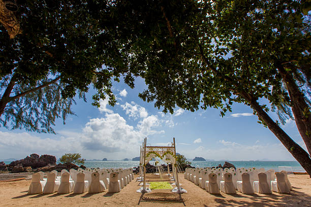 Wedding setting on the beach stock photo