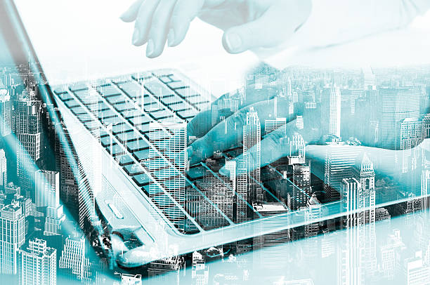 istock Double exposure modern technology as concept with laptop 502816000