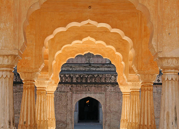 Amber Fort is located near Jaipur, Rajasthan, India. The current complex was built over a 150 year period and is an example of Rajput architecture. This cloistered room was used as an open-air meeting room.