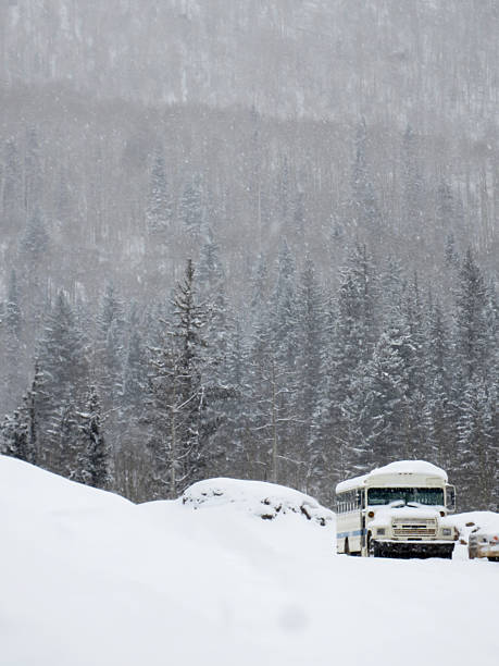 istock White bus covered in snow in the mountains 502816950