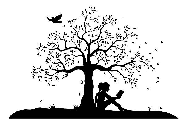 młody czytanie girg pod drzewo - directly below illustrations stock illustrations