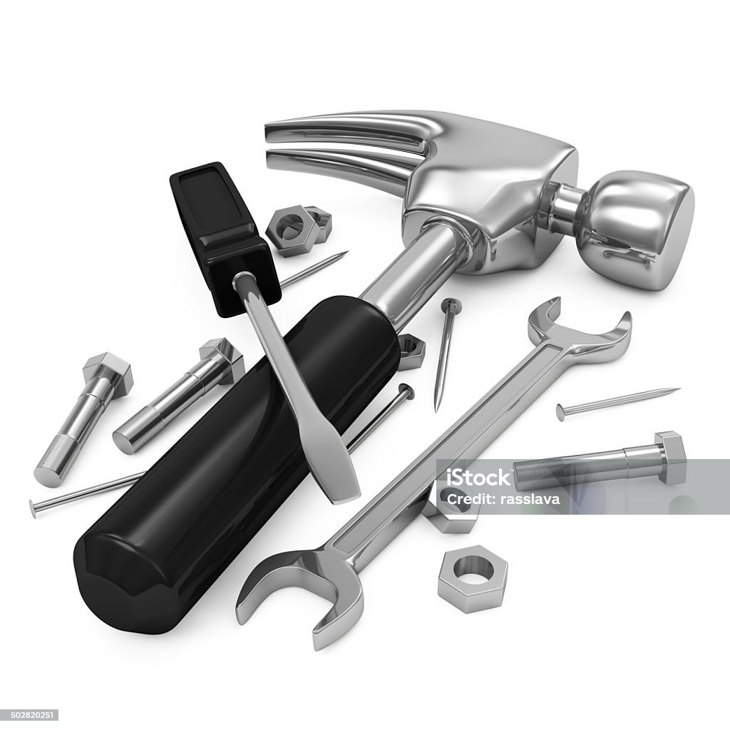 Construction Tool Kit isolated on white background Adjustable Wrench Stock Photo