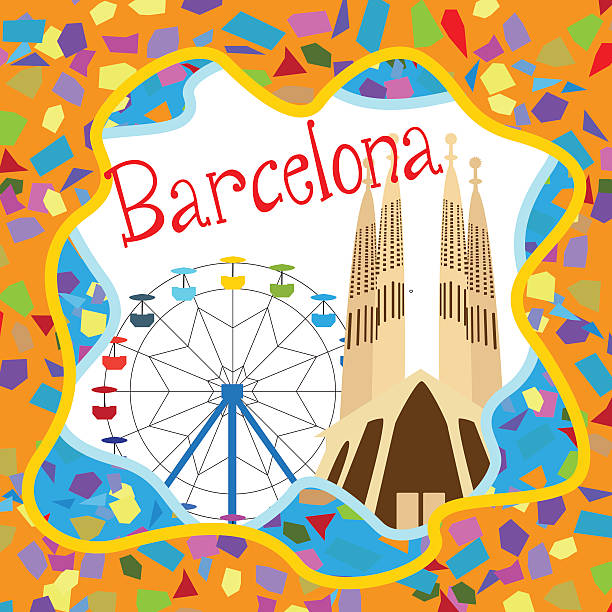 ilustraciones, imágenes clip art, dibujos animados e iconos de stock de colorida tarjeta de barcelona con la sagrada familia de gaudí y ferris wheel y - barcelona spain antonio gaudi sagrada familia