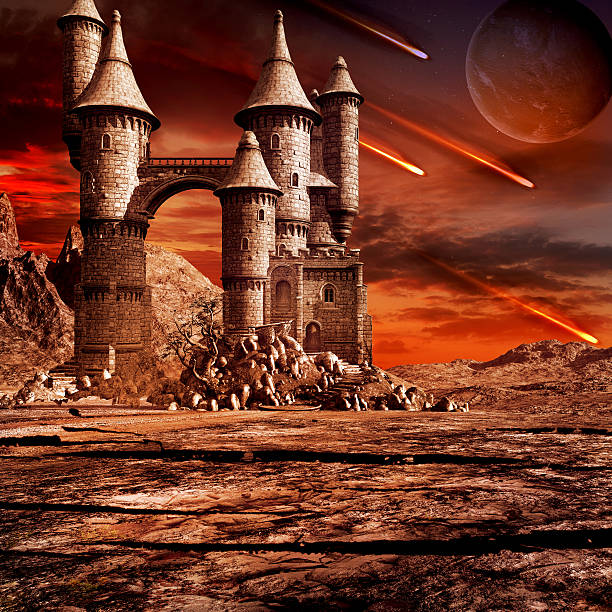 Scene with meteor shower over the stone castle