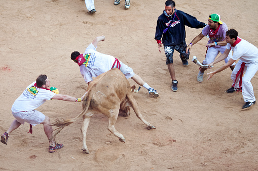 Pamplona, Spain - July 8, 2013: People await start of race of bulls at San Fermin festival. Navarra
