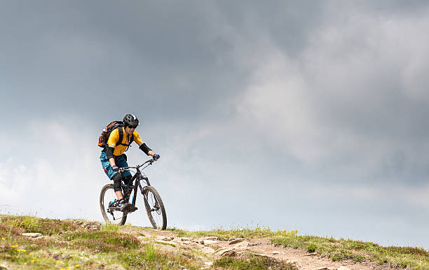 A mountain biker stands triumphantly on a rocky outcrop, lifting their bike overhead against a backdrop of stunning alpine scenery and clear blue skies.
