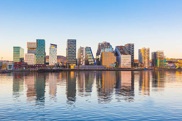 Modern buildings in Oslo, Norway, with their reflection into the water. These are some of the new buildings in the neighbourhood of Bjorvika. Concepts of travel and architecture.