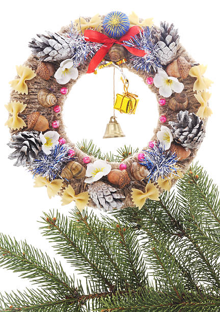 christmas wreath with tree branch. - ribbon red bow christmas стоковые фото и изображения