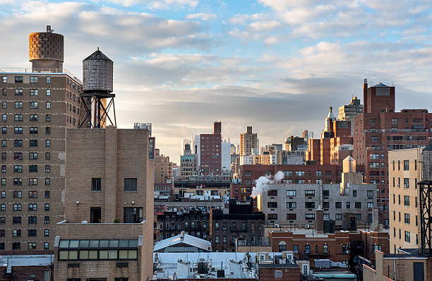 Sunrise on the rooftops in Manhattan stock photo