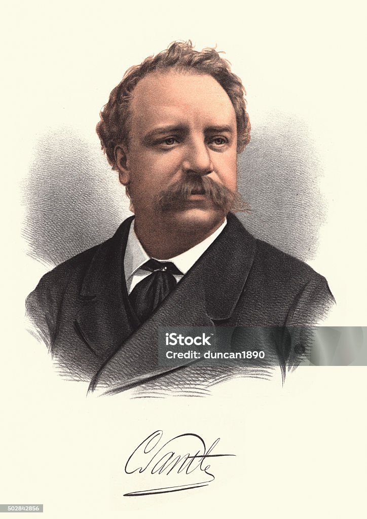 Eminent Victorians - Portrait of Sir Charles Santley Vintage colour engraving of Sir Charles Santley an English-born opera and oratorio star with a bravura technique who became the most eminent English baritone and male concert singer of the Victorian era. Charles I of England stock illustration