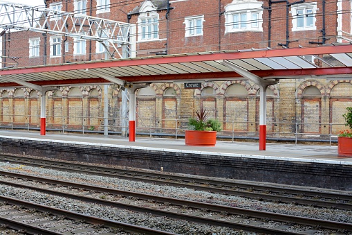 Chester-le-Street railway station, Durham, UK.  There are empty platforms.
