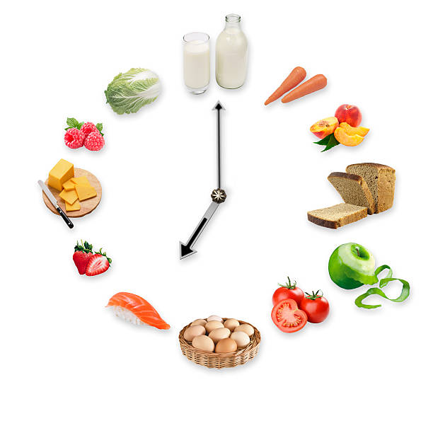 istock Clock arranged from healthy food products isolated on white background. 502843710