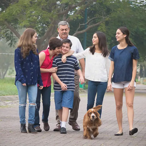 Family of six and their dog talking a walk.