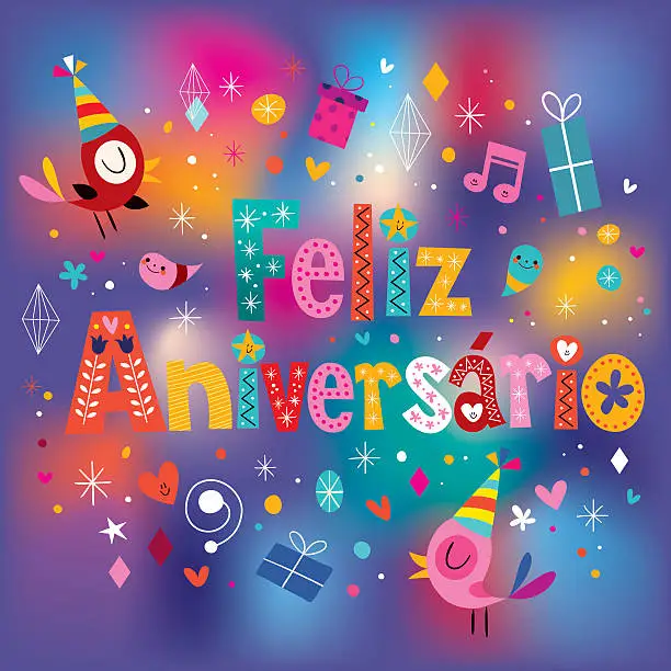 Vector illustration of Feliz Aniversario Portuguese Happy Birthday greeting card