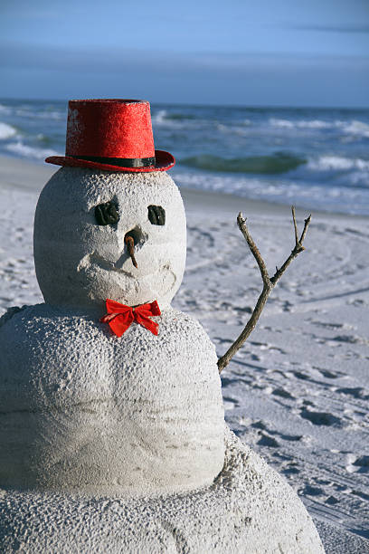 istock Snow Christmas snowman in santa hat at sandy beach 502847036