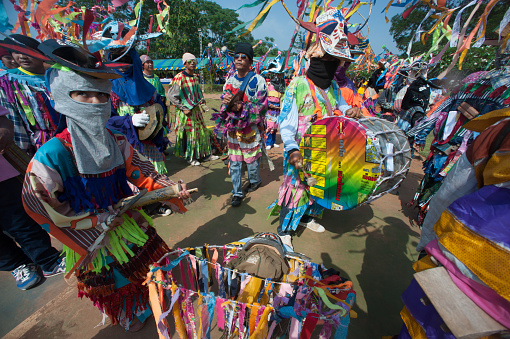 Loei ,Thailand-May 4,2015 : Unidentified fancy parade in Beun Duean Hok traditional of Phi Khon Nam Festival , dance of each community parade, folk games and rocker fire of each community on May 4,2015 in Ban Na Sao Sub-District, Chiang Kan District in Loei Province, Northeastern of Thailand.