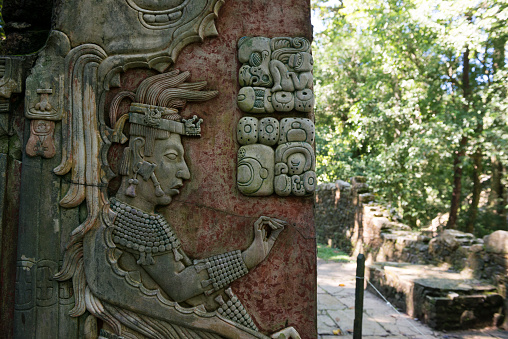 A replica of an 8th century carving, depicting ruler U Pakal K'inich, at Temple XIX in Palenque Archaeological Park. The park is a UNESCO World Heritage Site in Palenque, Chiapas, Mexico. The Mayan city flourished in the 7th century.