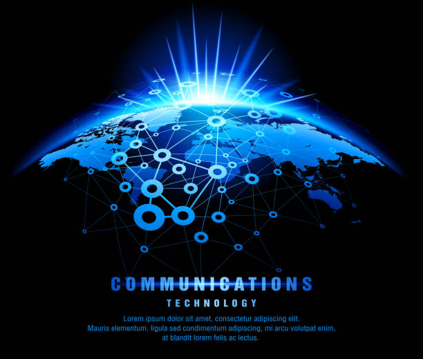 komunikacja globalna - computer network satellite view planet communication stock illustrations