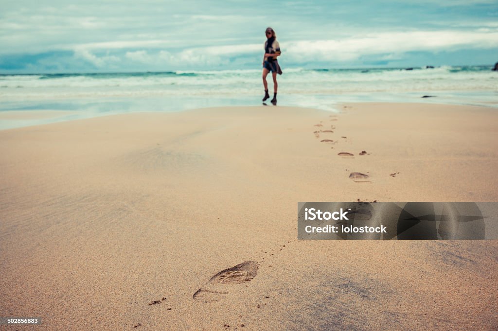 Footprints left by young woman on beach Footprints left on the beach by a young woman Adult Stock Photo