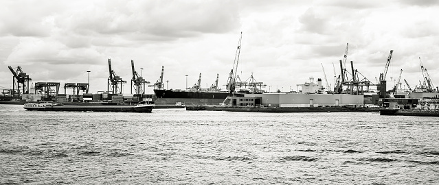 Cargo ships on River Maas - in the background the Port of Rotterdam