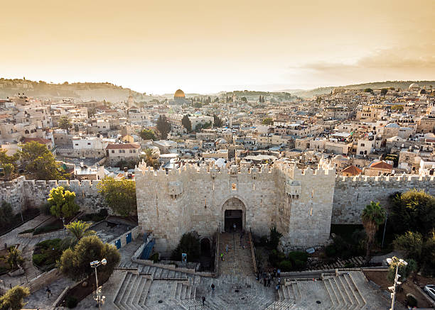 Skyline of the Old City in Jerusalem from north, Israel. Skyline of the Old City in Jerusalem with Damascus Gate, Israel. Middle east wailing wall stock pictures, royalty-free photos & images