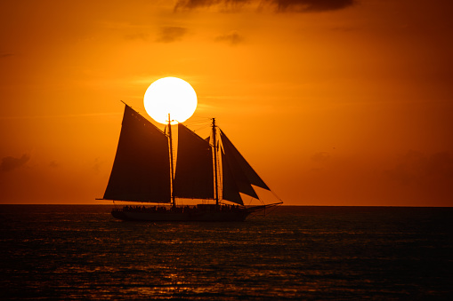 Silhouette of sailing ship in the Atlantic ocean, Key West, Monroe County, Florida, USA