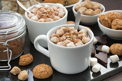 cocoa with marshmallows and cookies, closeup