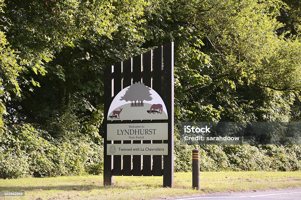 Village sign for Lyndhurst in the New Forest, England Village signs welcomes visitors to Lyndhurst in the New Forest, Hampshire, UK England Stock Photo