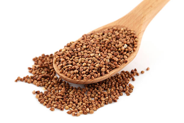 istock uncooked buckwheat on wooden spoon 502862700