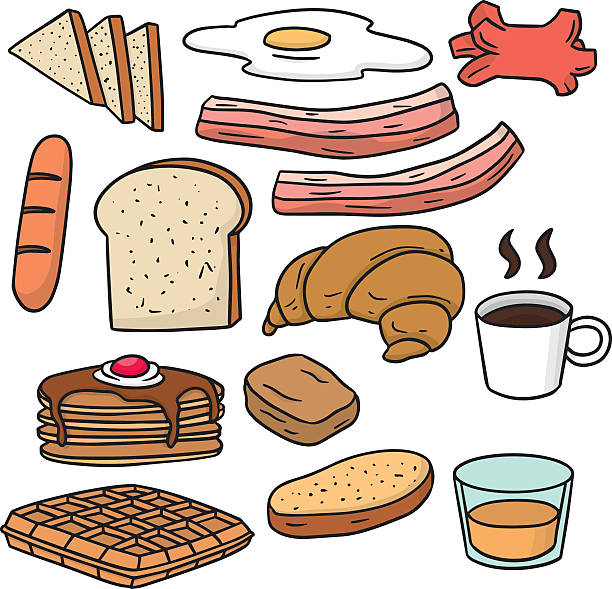 vector set of завтрак - bread waffle bacon toast stock illustrations