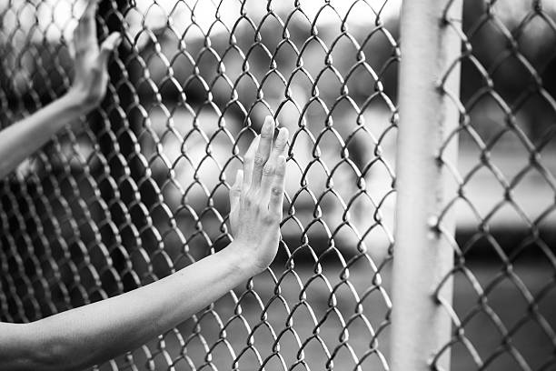 istock Hand holding on chain link fence, black and white concept 502864850