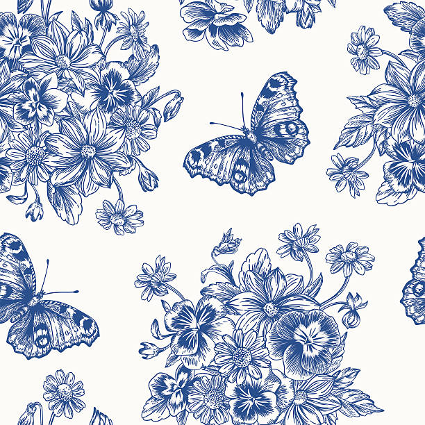 бесшовный узор из цветов и бабочек. - chamomile entertainment nature leaf stock illustrations