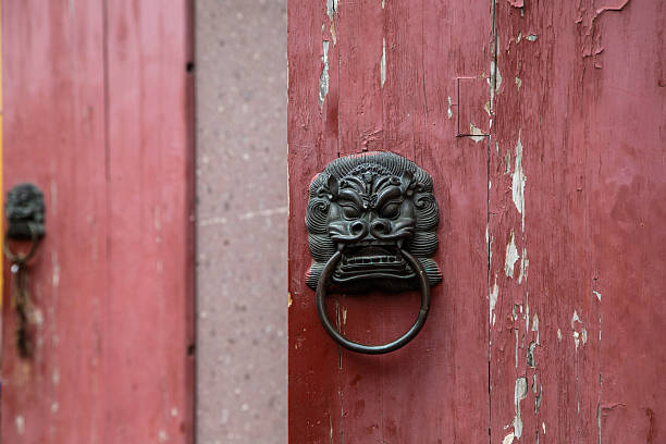 istock iron lion knocker on old wooden door 502866126
