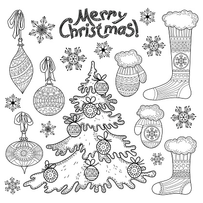 Christmas Decor. Set. Freehand drawing. Black and white.