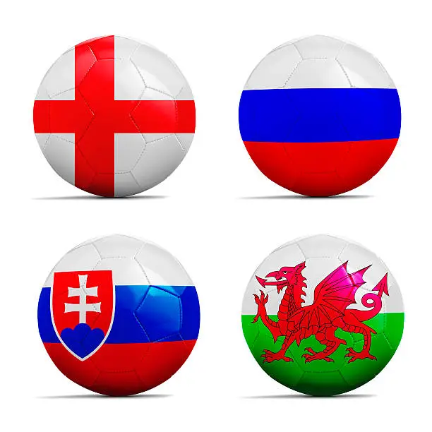 Four Soccer balls with group B team flags, Football Euro cup 2016.