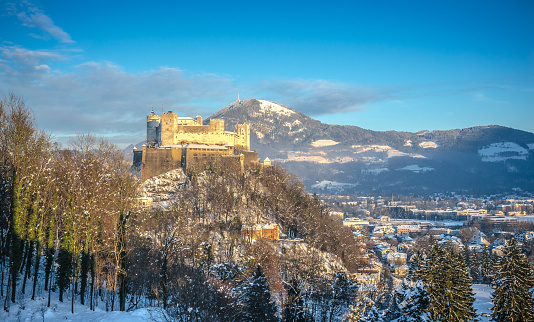 Beautiful view of famous Hohensalzburg Fortress at sunset in winter, Salzburg, Salzburger Land, Austria