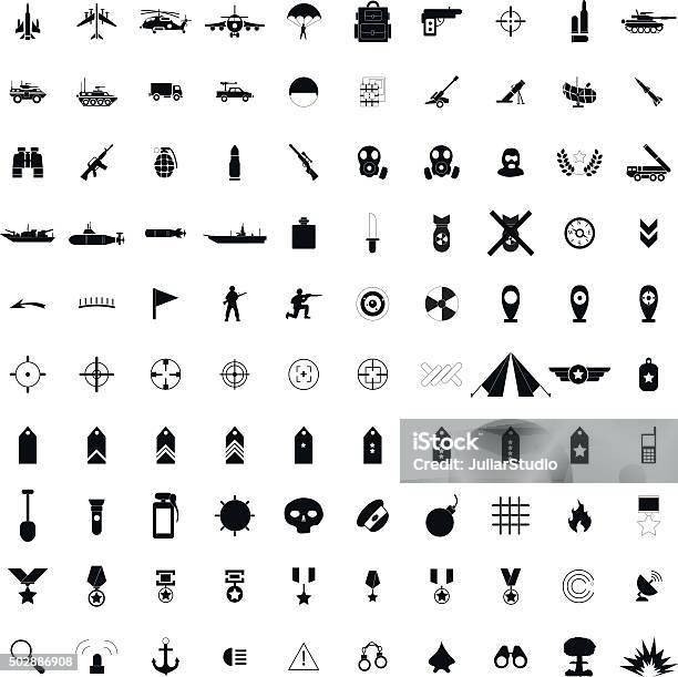 Vetores de 100 Militar Preto Ícones Simples e mais imagens de Tropas - Tropas, Guerra, Conjunto de ícones