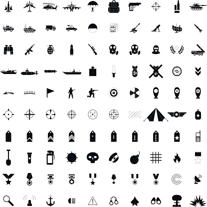 100 military simple black icons set isolated on a white