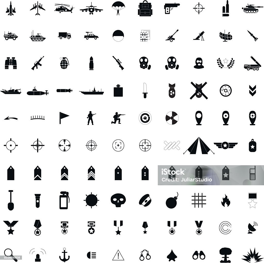 100 military simple black icons 100 military simple black icons set isolated on a white Military stock vector