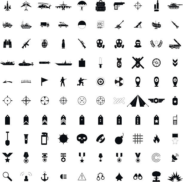 100 military simple black icons 100 military simple black icons set isolated on a white artillery stock illustrations