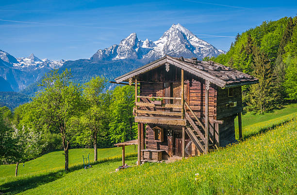 sielankowy krajobraz w alpach z tradycyjnymi mountain lodge - european alps germany landscaped spring zdjęcia i obrazy z banku zdjęć