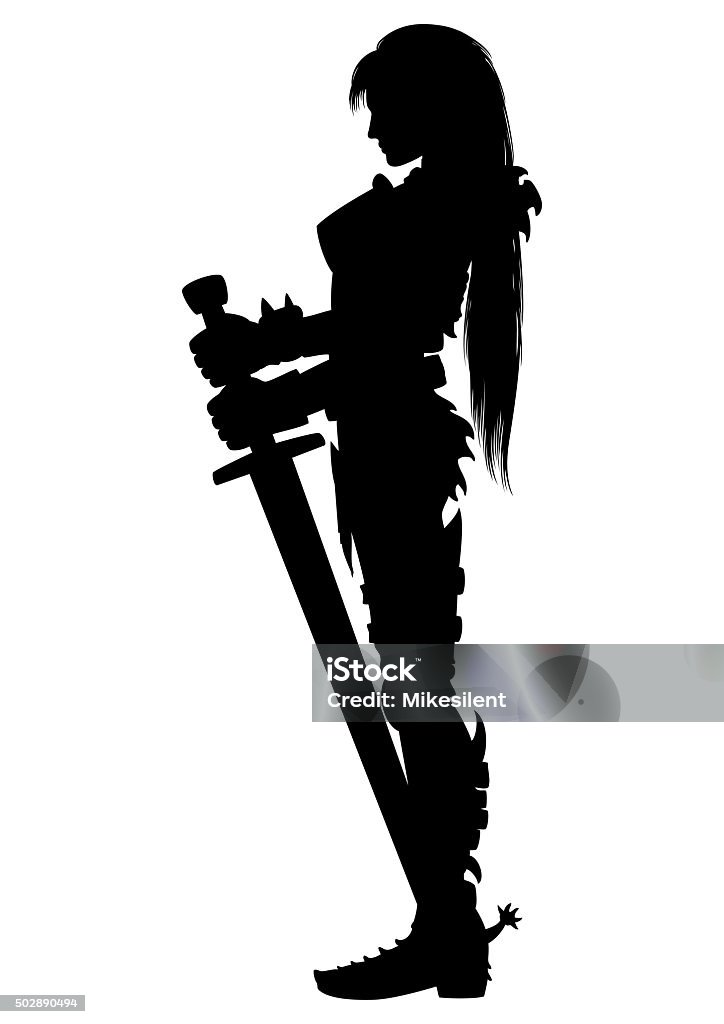 Guardian knight woman silhouette Illustration girl warrior silhouette in knight armor with two-handed sword Warrior - Person stock illustration