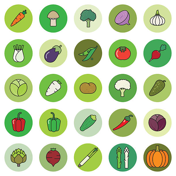 야채면 충원됨 외형선 벡터 아이콘 세트 - green bell pepper cucumber green pea isolated stock illustrations