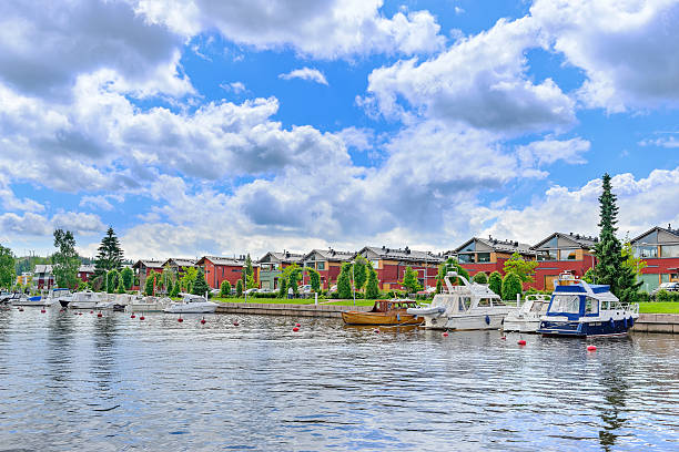 Porvoo, Finland - June 21, 2015: General view of Porvoo in summer time, Finland Riverside buildings and boats on the canal in Porvoo. Porwoo is a small city on the southern coast of Finland, near to Helsinki.