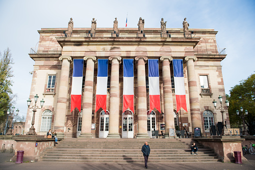 Strasbourg, France - November 14, 2015: Strasbourg Opera with huge French Flags after paris attacks