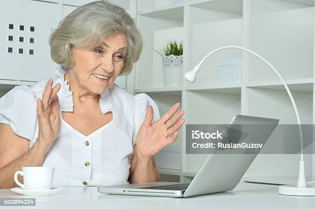 Elderly Woman Working On Laptop Stock Photo - Download Image Now - 2015, Active Seniors, Adult