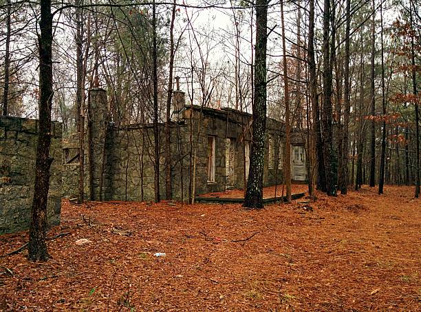 The ruins of an old Granite house standing alone in the Woods.