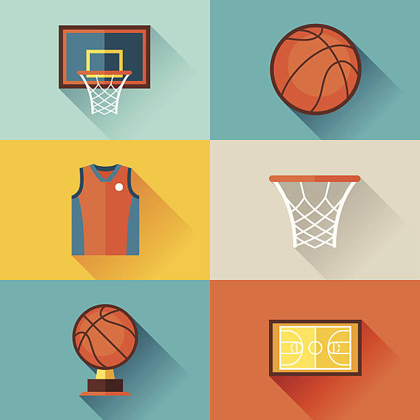 ilustrações de stock, clip art, desenhos animados e ícones de fundo de desporto com ícones no estilo de plano de basquetebol. - bola de basquetebol ilustrações
