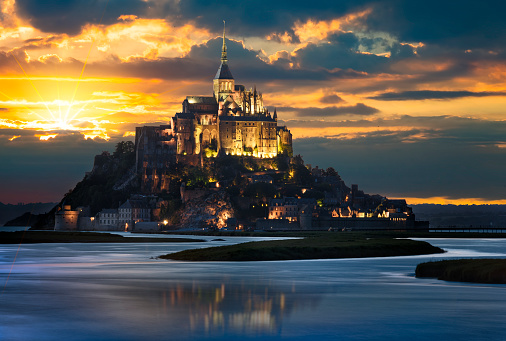 Le Mont-Saint-Michel at sunset, Normandy, Brittany, France, Europe
