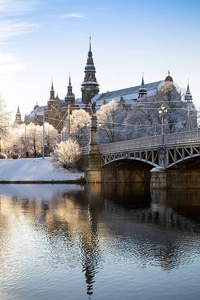 Winter Morning in Stockholm Stockholm, Sweden – December 29, 2015: A cold winter morning in Stockholm after the first snow during the Christmas holidays. Snow covered trees and Nordic museum are behind the Djurgarden bridge, which connects mainland Ostermalm to the island Djurgarden. djurgarden photos stock pictures, royalty-free photos & images
